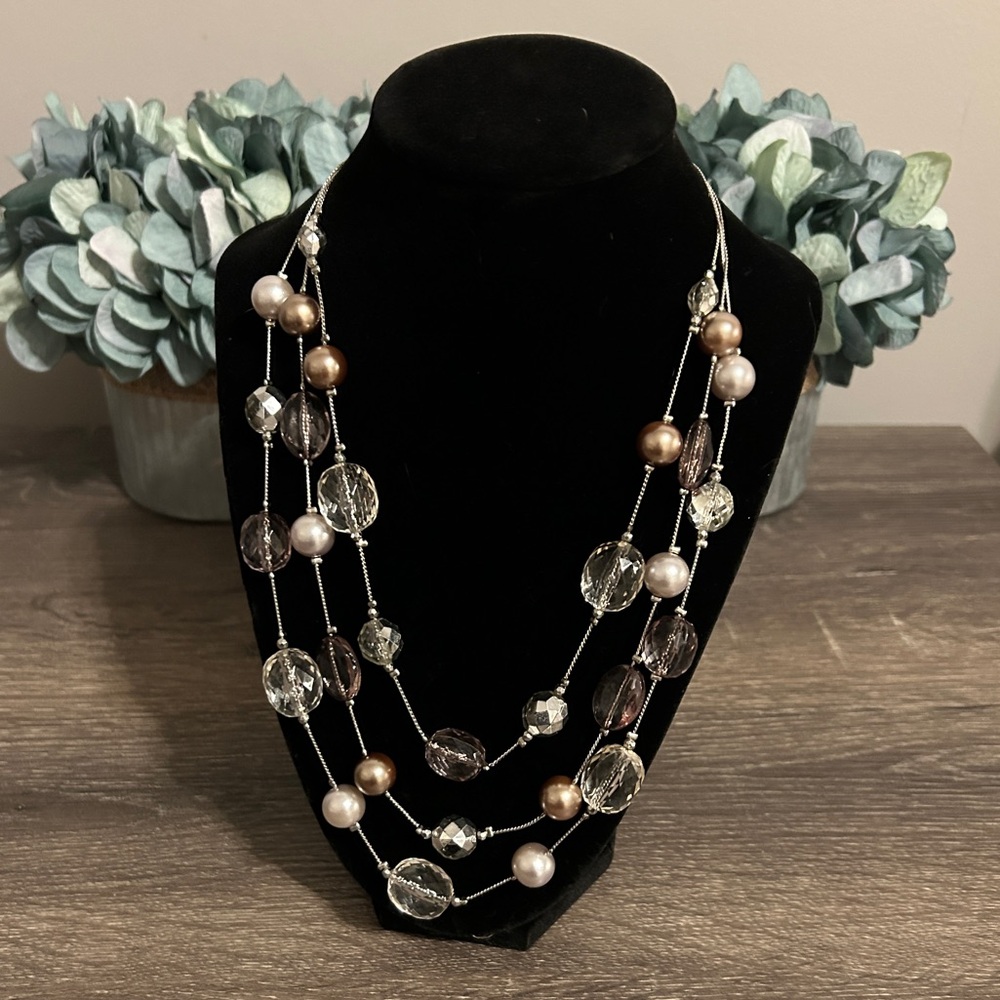 Multi-Strand Pearl and Clear Gem Necklace